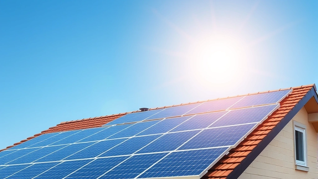 Residential rooftop completely covered with modern solar photovoltaic panels under bright sunlight, clean blue sky background, showing sustainable residential energy generation system for home powering