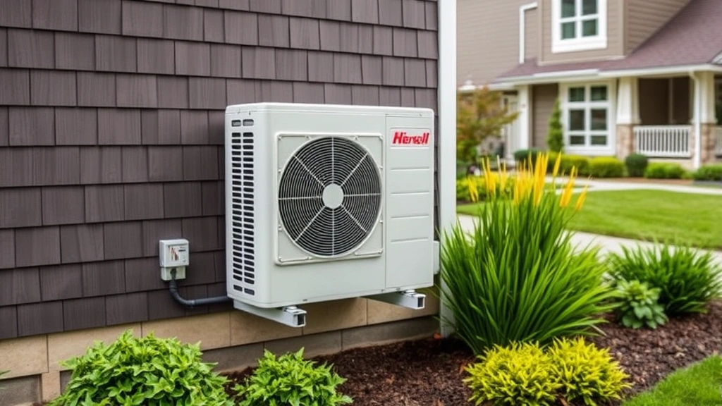 Exterior wall-mounted heat pump unit installed on side of contemporary residential home with professional installation, surrounding green landscaping and residential architecture visible