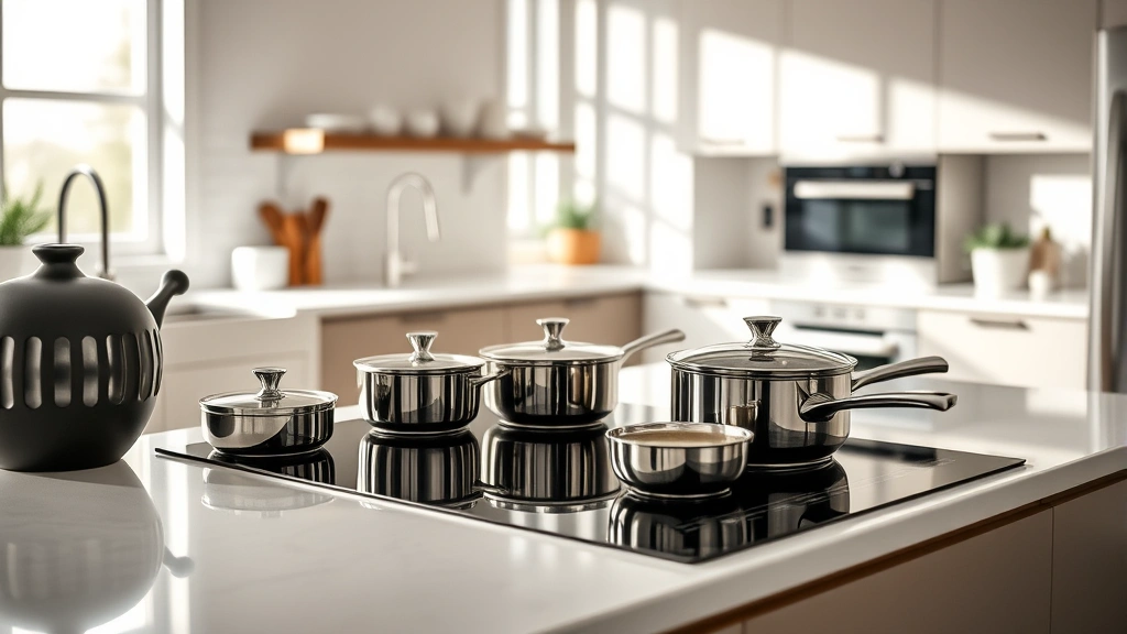 Interior modern kitchen featuring sleek induction cooktop with cookware, bright natural lighting, contemporary cabinetry, showing all-electric cooking alternative to gas ranges