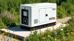 A well-maintained modern inverter gas generator sitting on a clean concrete pad in bright daylight, surrounded by lush green vegetation and wildflowers, showing pristine condition with no visible damage or wear