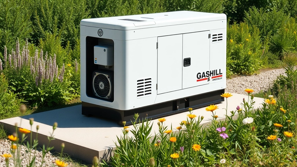 A well-maintained modern inverter gas generator sitting on a clean concrete pad in bright daylight, surrounded by lush green vegetation and wildflowers, showing pristine condition with no visible damage or wear