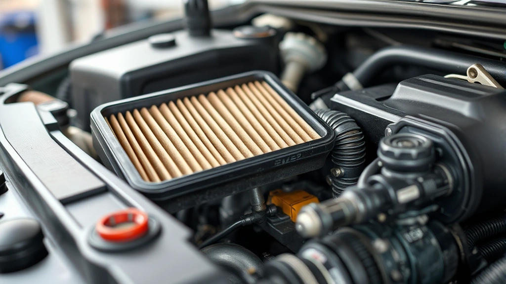 Close-up of clean air filter and engine components being serviced during routine maintenance, with tools and fresh oil visible, emphasizing proper upkeep practices for efficiency