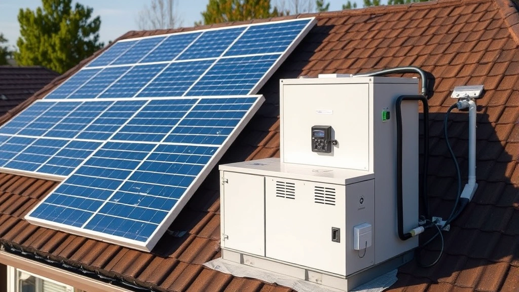 A hybrid solar and battery power system installation on a residential property with solar panels visible on the roof, battery storage unit in a clean installation, representing alternative sustainable backup power solutions