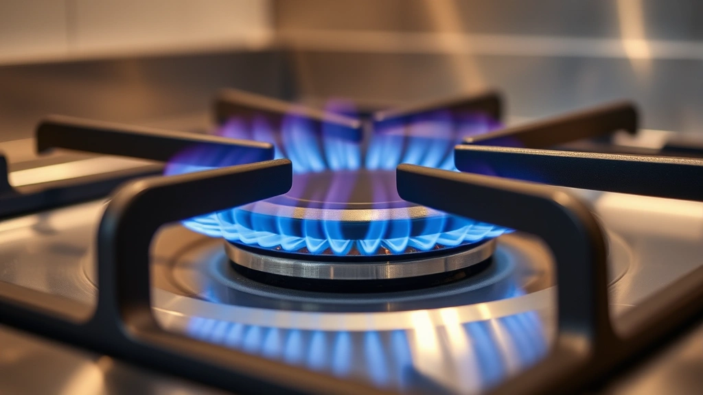 Close-up of gas oven burner with blue flame burning cleanly, stainless steel surface, professional kitchen environment, warm lighting highlighting efficient combustion