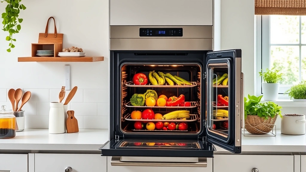Eco-friendly kitchen scene with modern energy-efficient gas oven, open door showing interior rack with fresh vegetables, natural daylight from window, sustainable kitchen design