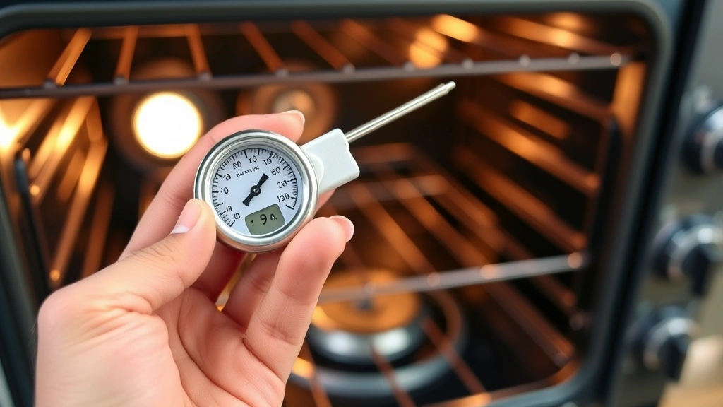 Hand holding oven thermometer inside preheating gas oven, temperature gauge visible, kitchen background, demonstrating temperature calibration and monitoring for efficiency