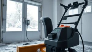 Close-up of electric snow blower charging station in winter garage with snow visible through window, clean modern minimalist setting, battery pack highlighted