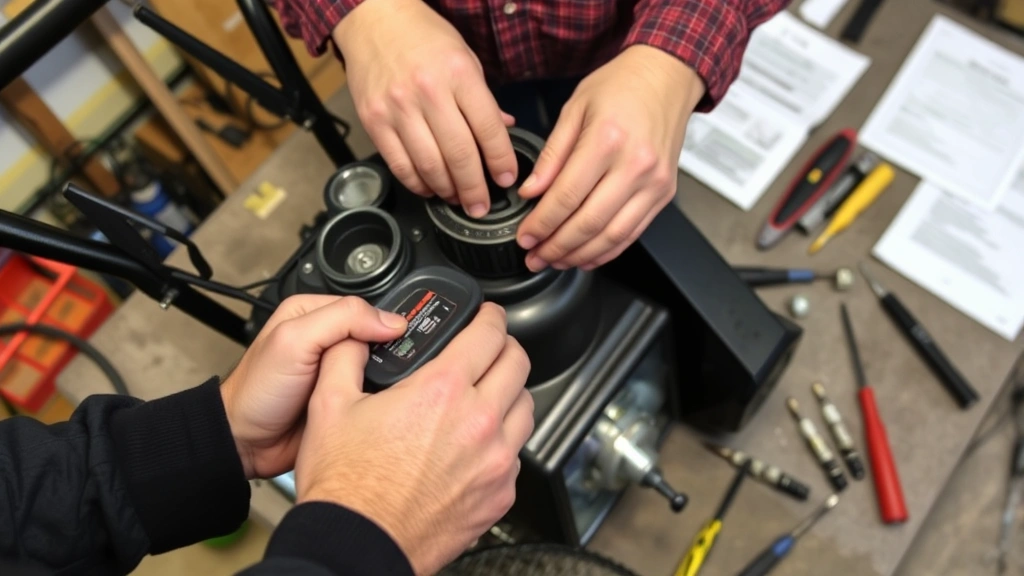 Hands performing snow blower maintenance—checking oil level, cleaning air filter, spark plug replacement—on workbench with tools and manual visible