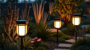 Warm LED solar lanterns glowing softly in a modern eco-friendly garden with native plants and sustainable landscaping, no text or labels visible