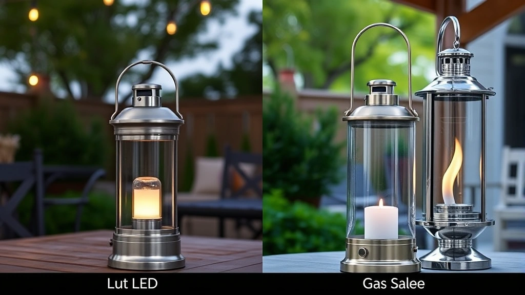 Comparison scene showing solar LED lanterns alongside traditional gas lanterns in outdoor patio setting, demonstrating aesthetic similarity with different fuel sources