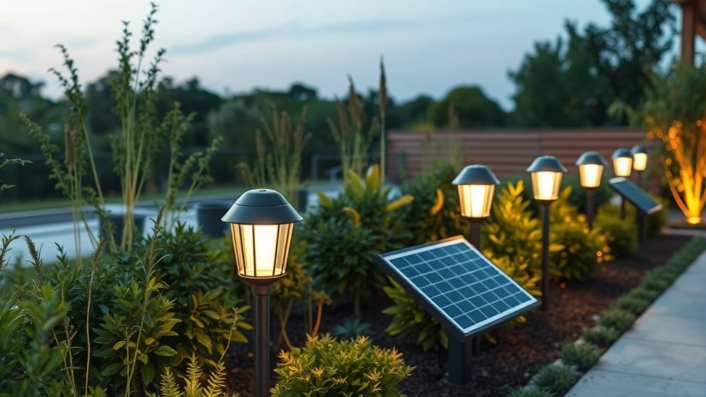 Sustainable outdoor lighting installation with multiple LED fixtures powered by solar panels integrated into garden design, photorealistic and clean