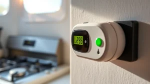 Close-up of a modern wall-mounted natural gas detector with digital display showing green safe status light, mounted on a light-colored kitchen wall near gas appliances, soft morning sunlight streaming through window