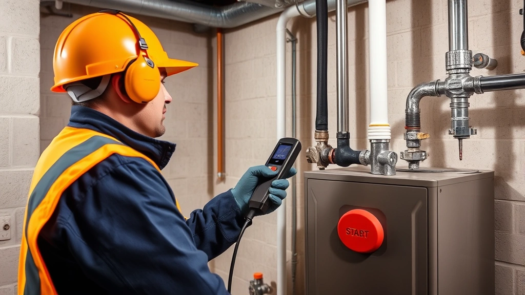 Technician in safety gear inspecting residential gas piping system with handheld leak detector device, checking connections on furnace in basement, professional maintenance environment