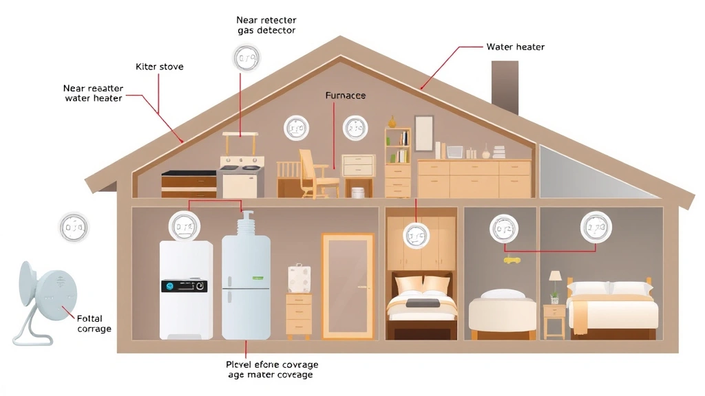 Cutaway illustration showing proper placement of multiple gas detectors throughout a residential home - near kitchen stove, water heater, furnace, and bedrooms, demonstrating comprehensive safety coverage strategy