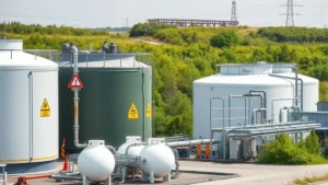 Industrial LPG storage tanks and distribution facility with safety signage and vegetation in background, showing modern propane infrastructure and equipment