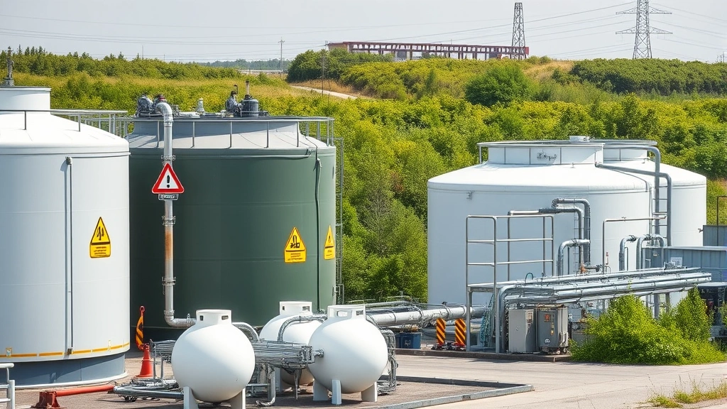 Industrial LPG storage tanks and distribution facility with safety signage and vegetation in background, showing modern propane infrastructure and equipment