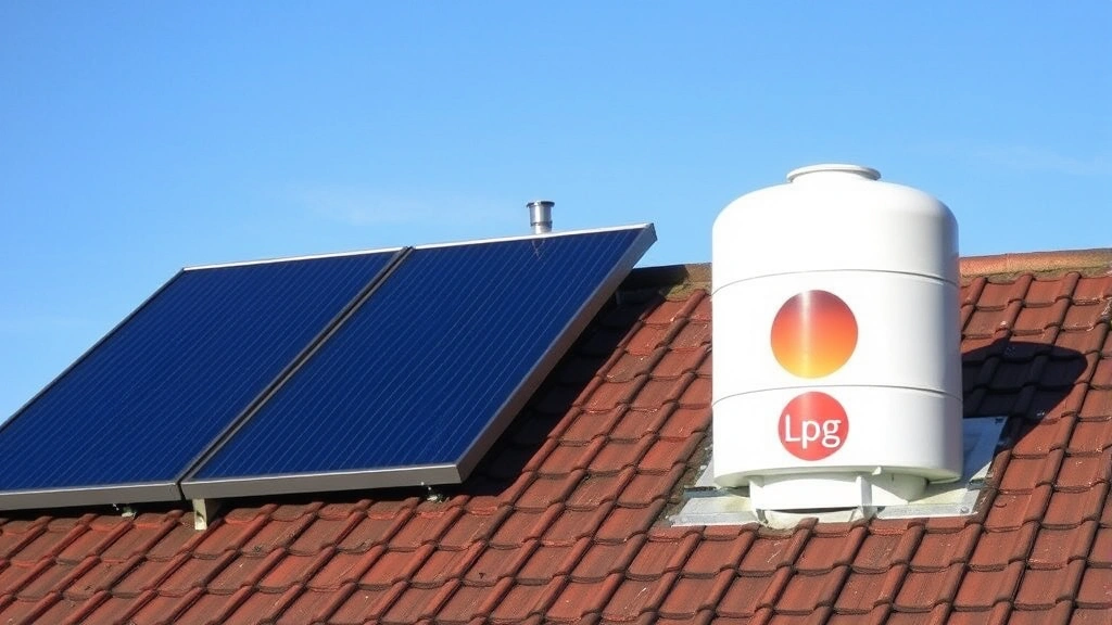 Residential solar thermal panels installed on house roof alongside traditional LPG tank, illustrating renewable energy transition from gas to solar heating