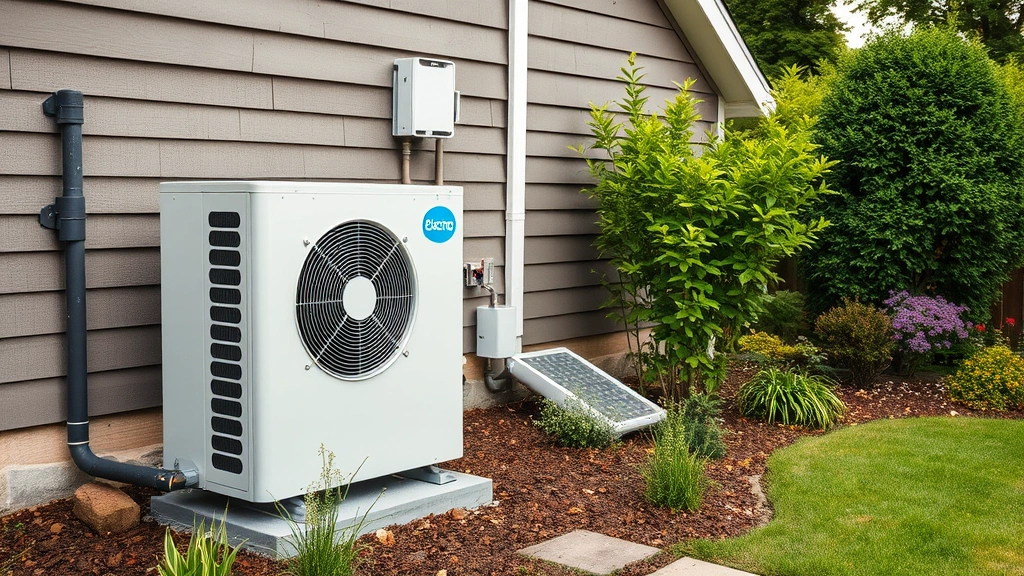 Electric heat pump unit installed on home exterior with surrounding garden landscape, representing renewable alternative to LPG heating systems
