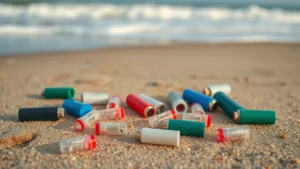 Disposable plastic lighters scattered across sandy beach with ocean waves in background, environmental pollution focus, realistic coastal contamination scene