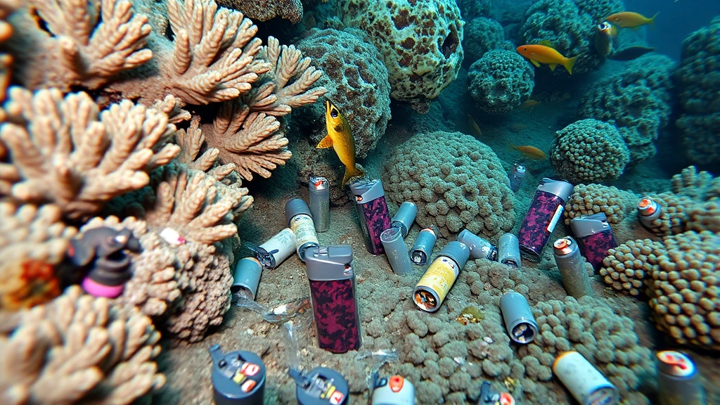 Underwater ocean scene showing plastic lighter components among coral and marine life, demonstrating ecological impact of lighter pollution on ocean ecosystems