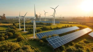 Renewable energy wind turbines and solar panels in a green landscape with morning sunlight, no text or labels visible