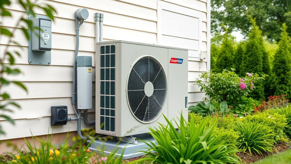 Modern electric heat pump installation on residential home exterior with lush garden surroundings, photorealistic