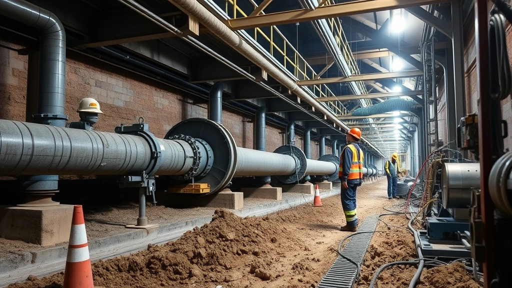 Underground pipeline inspection equipment and workers in industrial facility with earth and machinery, no signage