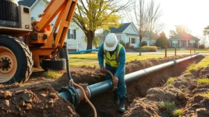 Professional technician installing underground gas pipeline with excavation equipment in residential suburban setting, morning light, showing proper safety protocols and environmental consciousness