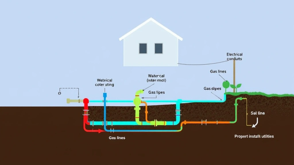 Cross-section visualization of underground utilities including gas lines, water pipes, and electrical conduits in soil layers, showing proper installation depths and spacing for residential properties