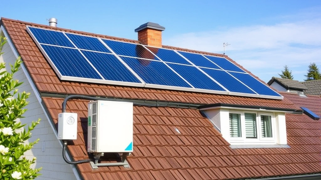 Modern residential roof with solar thermal panels and heat pump unit alongside traditional gas meter, demonstrating renewable energy alternatives to fossil fuel heating systems