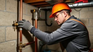 Professional plumber installing copper gas line in residential basement, using proper tools and safety equipment, bright workshop lighting, focused workmanship