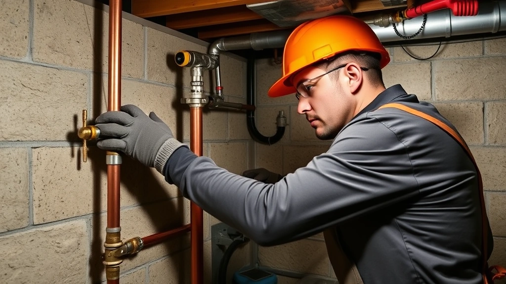 Professional plumber installing copper gas line in residential basement, using proper tools and safety equipment, bright workshop lighting, focused workmanship