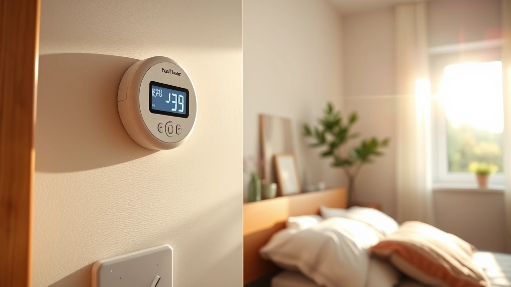 Modern carbon monoxide detector mounted on bedroom wall above wooden furniture, digital display visible, morning sunlight streaming through window, safe home environment