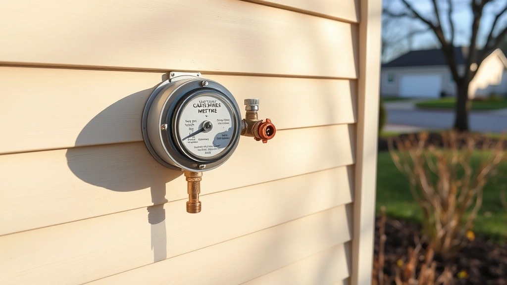 Gas meter and shutoff valve assembly on exterior home wall, well-maintained and clearly visible, surrounded by clear space, suburban residential setting, afternoon light