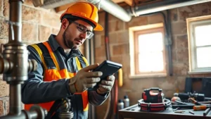 Professional plumber in safety gear inspecting metal gas pipes with specialized testing equipment in a residential basement, focused expression, daylight streaming through window, industrial tools on workbench nearby