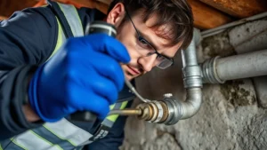 Close-up of a professional technician inspecting a metal gas pipe with specialized testing equipment, checking for leaks and corrosion in a residential basement setting, natural lighting, professional safety gear visible