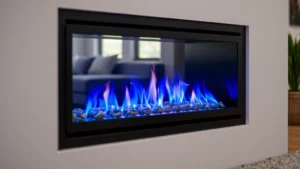 Close-up of modern gas fireplace insert with blue flames glowing inside a sleek black firebox, contemporary living room setting with neutral tones and natural light streaming through windows
