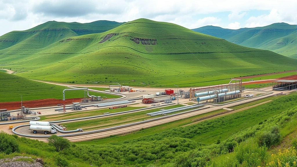 Panoramic view of natural gas extraction site with pipelines and industrial equipment against green hillside landscape, showing infrastructure impact on environment