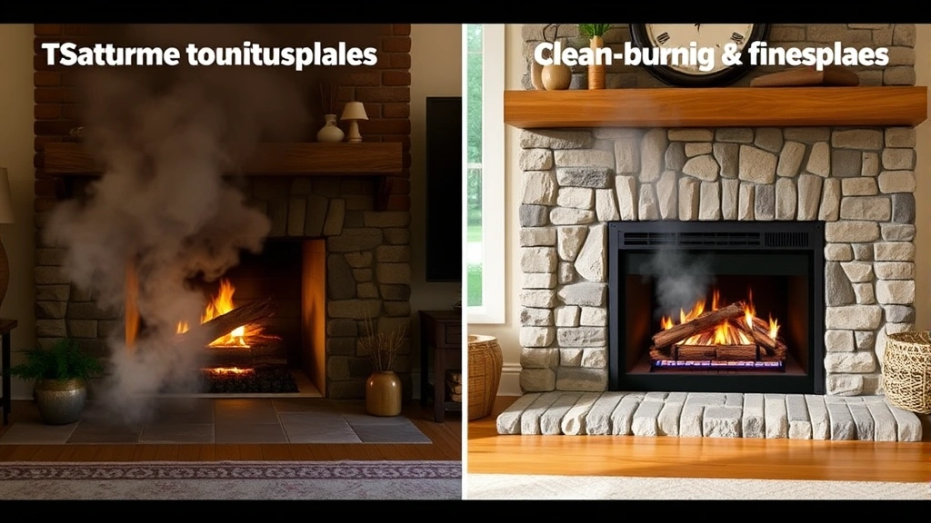 Split-screen comparison: left side shows traditional wood fireplace with heavy smoke and particulates, right side shows clean-burning gas log fireplace with minimal emissions, both in home settings