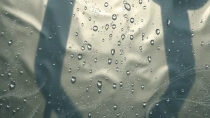 Photorealistic overhead view of water droplets on recycled plastic surface with natural sunlight, eco-conscious design aesthetic, minimalist composition
