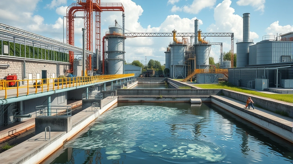 Photorealistic photograph of water treatment facility or recycling center showing industrial sustainability infrastructure, environmental responsibility in action