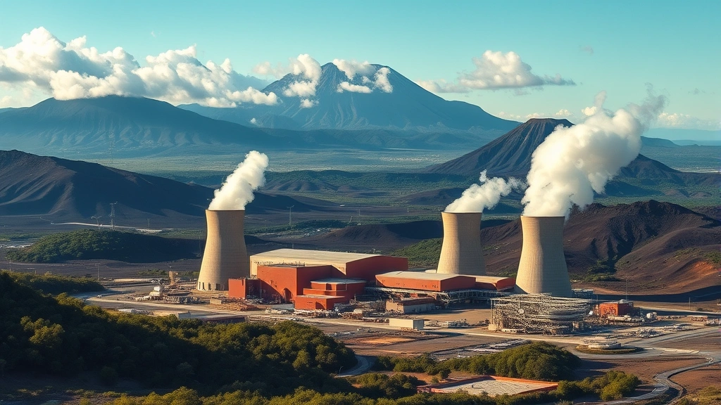 Geothermal power plant facility nestled in volcanic landscape with steam rising from cooling towers, surrounded by lush vegetation and mountains in background, professional industrial photography, daylight, realistic textures