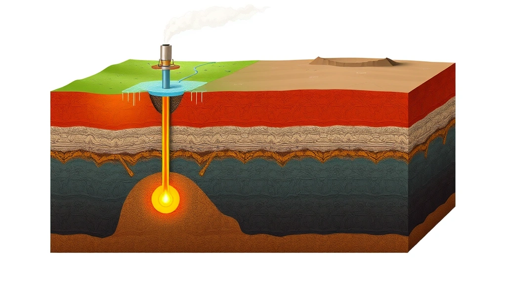 Cross-section geological diagram visualization showing geothermal well drilling deep into Earth's crust with hot water and steam rising, surrounding rock layers and magma chamber illustration, scientific accuracy, no text labels visible