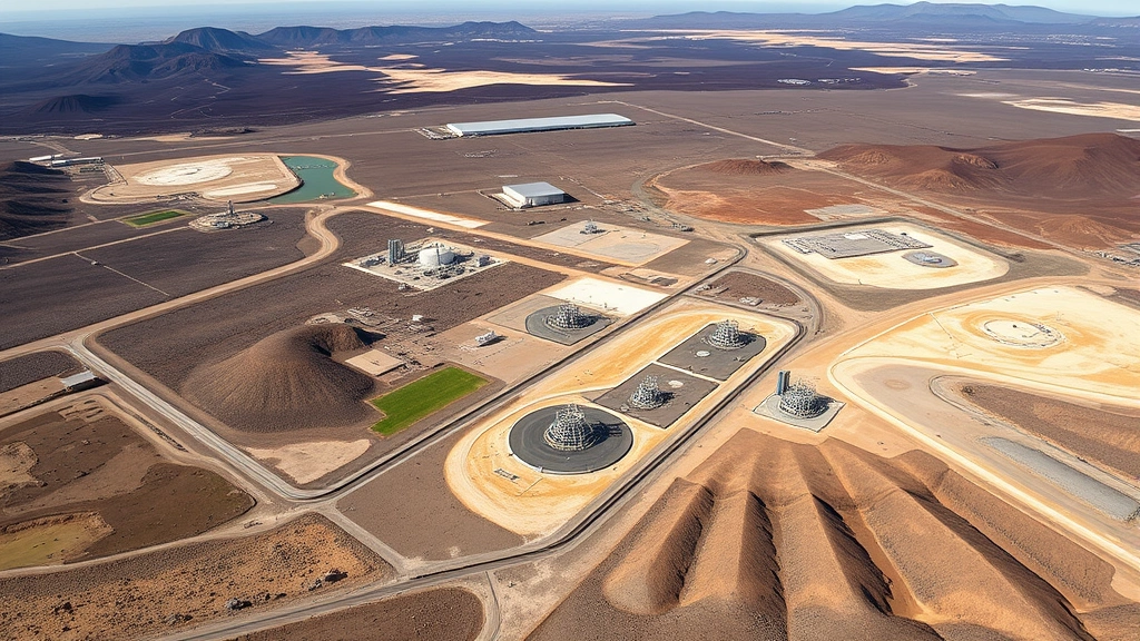 Aerial view of geothermal field with multiple wells, pipelines, and infrastructure in desert or volcanic terrain, showing relatively small footprint compared to surrounding landscape, environmental perspective, clear sky, photorealistic