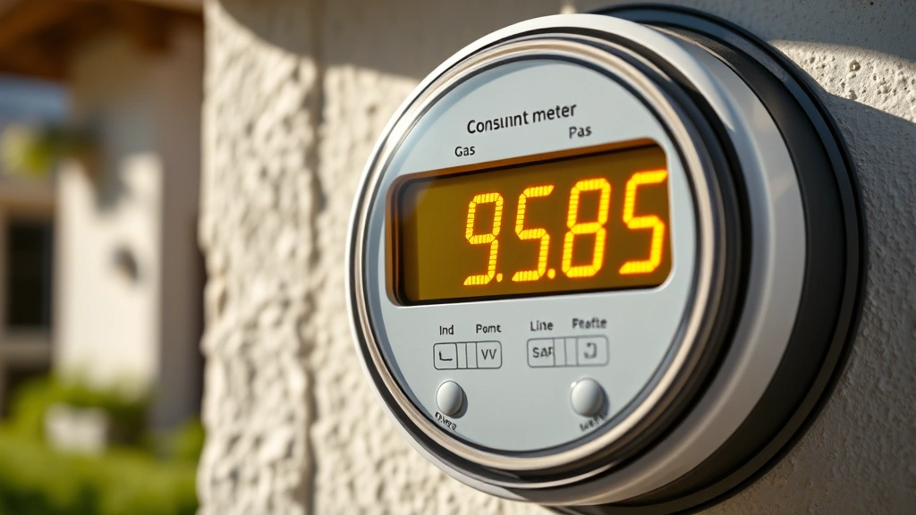 Close-up of a modern digital smart meter display showing real-time gas consumption data with LED numbers, mounted on a residential wall with natural sunlight, no text or labels visible