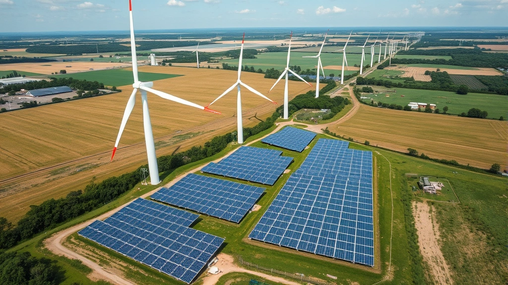 Aerial view of a wind farm and solar panels integrated with smart grid infrastructure, showing renewable energy transition in landscape, clean energy generation