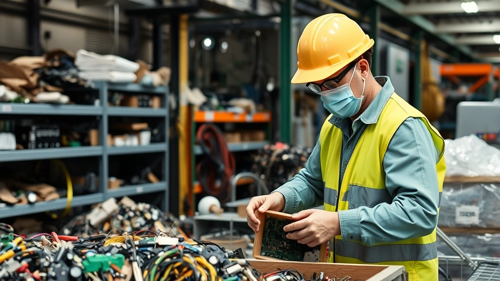 Technician in safety gear handling electronic components and circuit boards in a recycling facility, sorting materials for sustainable e-waste management, no identifying labels