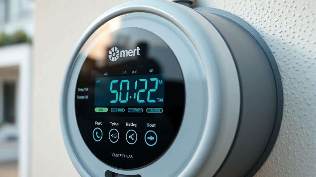 Close-up of a modern digital smart gas meter display showing consumption readings and wireless connectivity indicators, mounted on a residential wall in natural daylight, photorealistic style