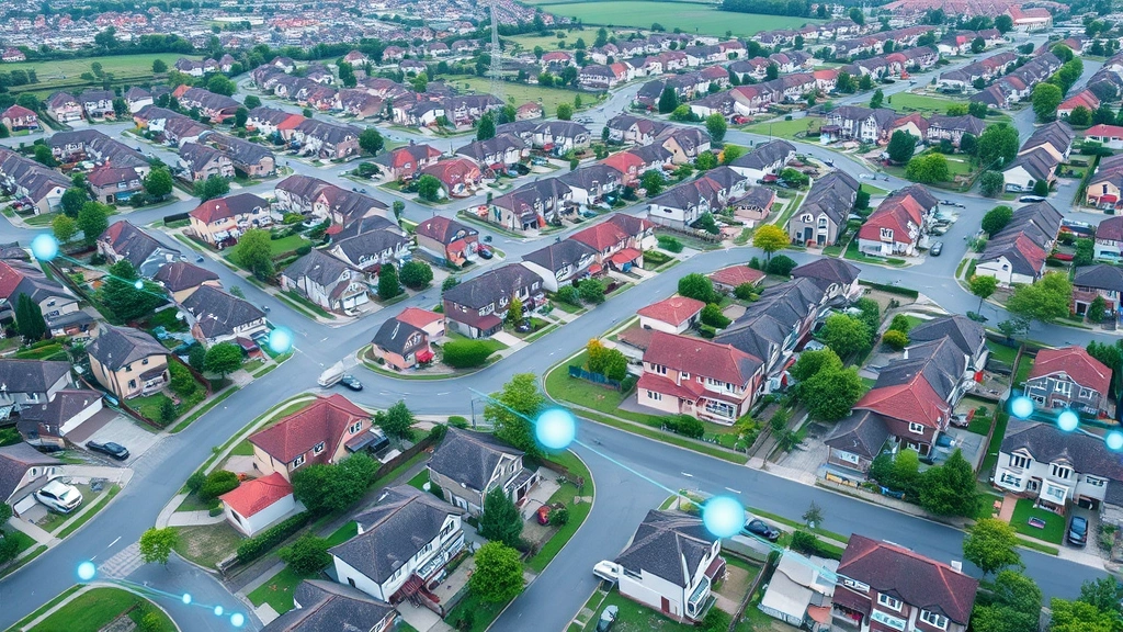Aerial view of a suburban neighborhood with houses, showing infrastructure networks and grid systems overlaid, representing smart meter data transmission and utility management, environmental technology visualization