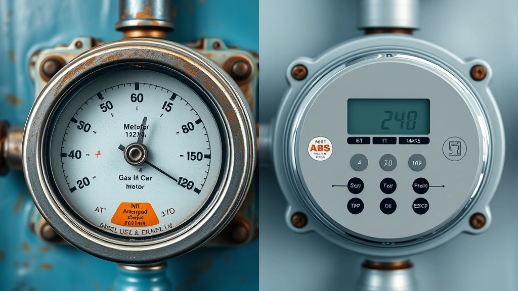 Split-screen comparison: left side shows old mechanical analog gas meter with rotating dials, right side shows modern digital smart meter interface with app display, demonstrating technology evolution